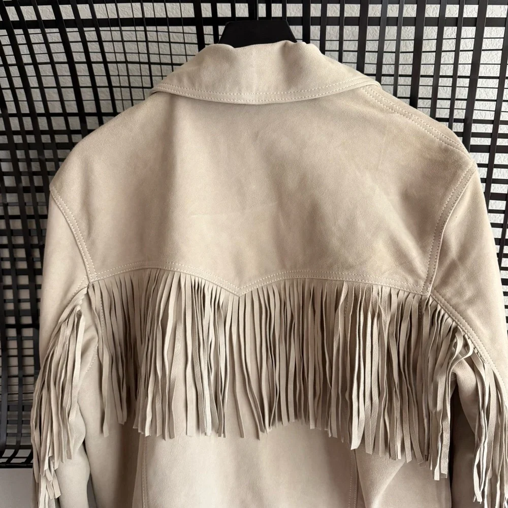Free People Beige Fringe Leather Jacket